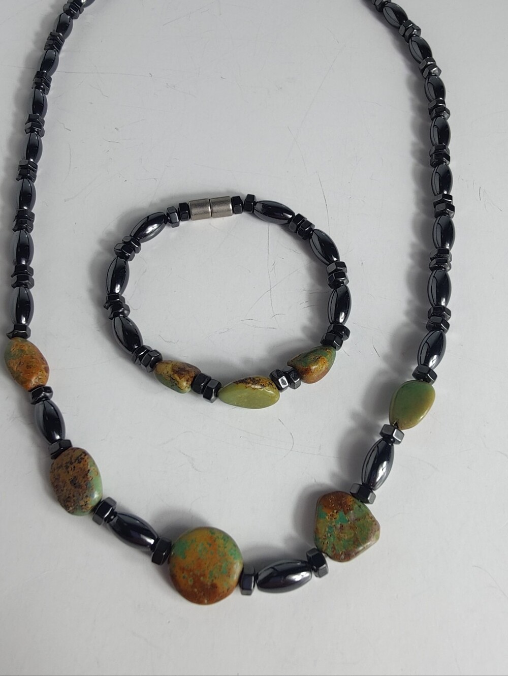 Genuine Green Turquoise Hematite Necklace Bracelet Set Southwestern